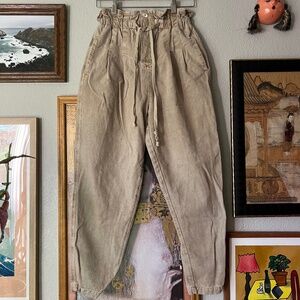 Free People Pleated Tan Denim Trousers with Paperbag Waist and Drawstring